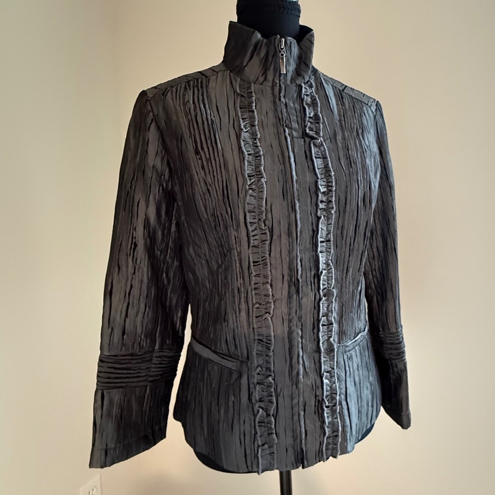 Zenim Denim Textured Pleated Ruffle Jacket Women S Gray Crinkle Zip Y2KBoutique